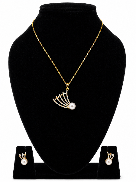 Pearl Oval & Fan Design Pendant Set with Earrings | B1G1 Free