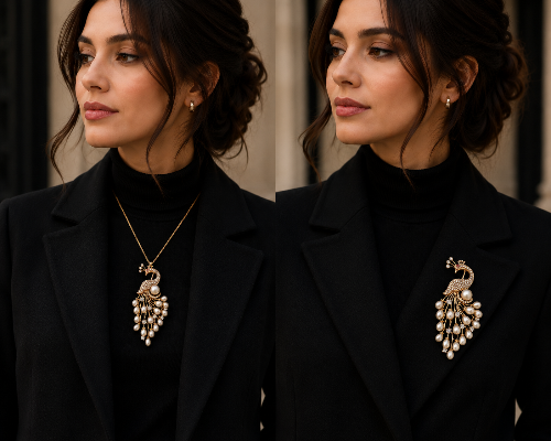 2-in-1 Peacock Pearl Pendant & Brooch | Rose Gold Jewelry | LP Jewels