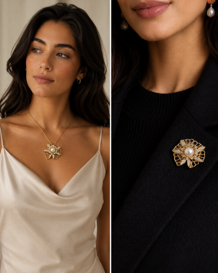 LP JEWELS Floral Pearl Pendant Cum Brooch – Gold Finish Statement Jewelry with Freshwater Pearl