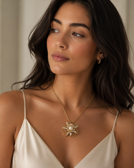 LP JEWELS Floral Pearl Pendant Cum Brooch – Gold Finish Statement Jewelry with Freshwater Pearl - LP Jewels