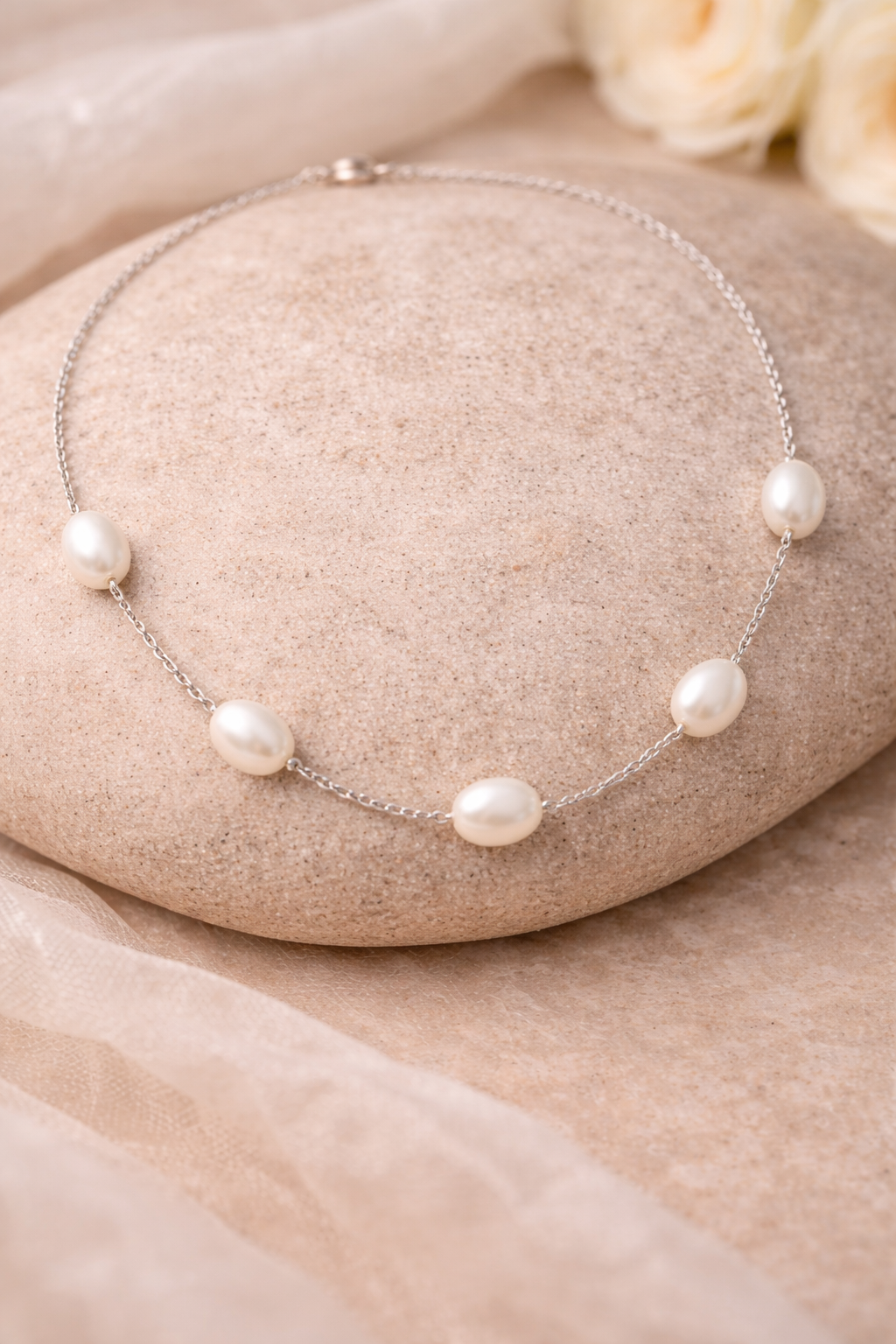 Minimal Silver Pearl Chain Necklace – Natural Freshwater Pearls