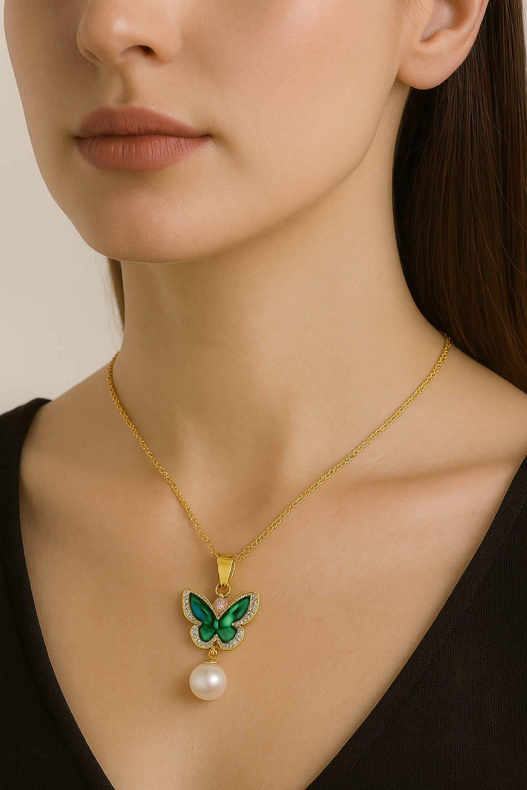 LP Jewels Butterfly Pendant Necklace with Pearl Drop for Women