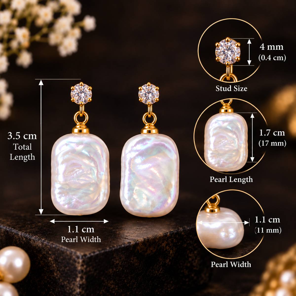 Baroque Pearl Drop Earrings | Gold Plated Rectangular Freshwater Pearl with CZ Stud