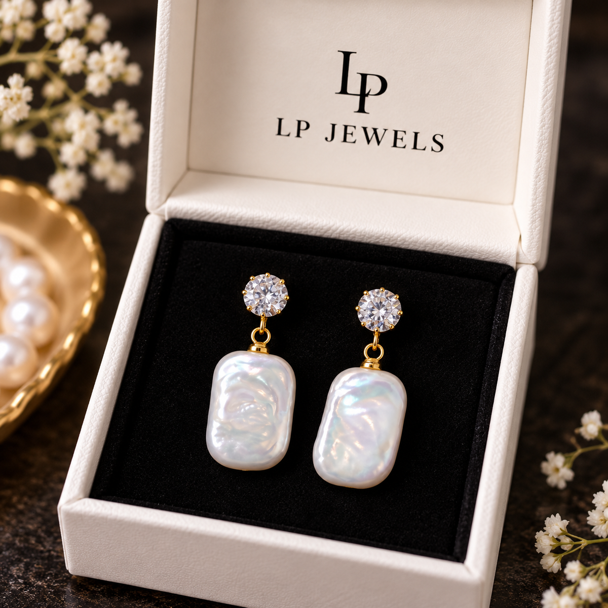 Baroque Pearl Drop Earrings | Gold Plated Rectangular Freshwater Pearl with CZ Stud