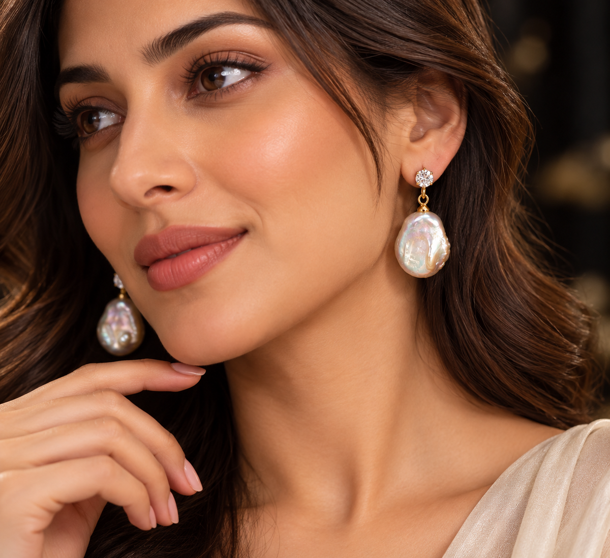 Baroque Pearl Drop Earrings | Gold Plated Freshwater Pearl Dangle with CZ Stud