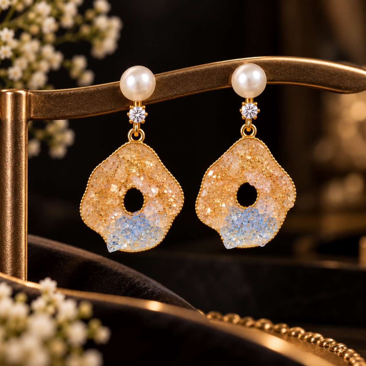 Champagne Crystal & Pearl Drop Earrings for Women | Gold-Tone Statement Earrings | LP Jewels