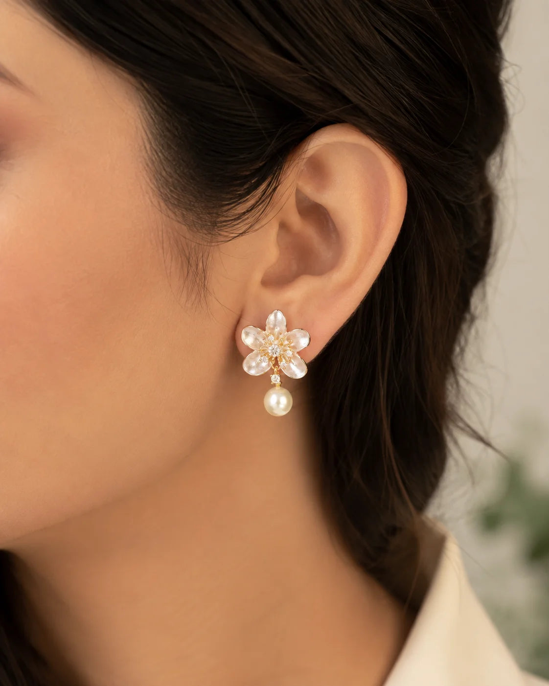 Elegant Floral Pearl Drop Earrings with Crystal Accents | LP Jewels