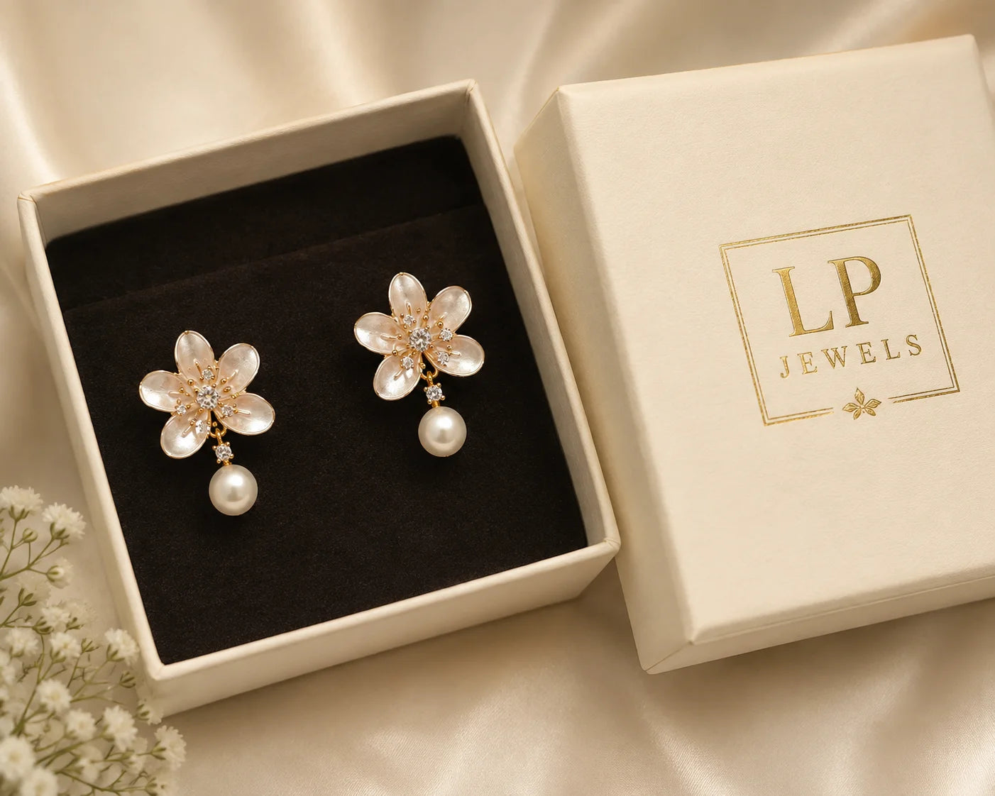 Elegant Floral Pearl Drop Earrings with Crystal Accents | LP Jewels