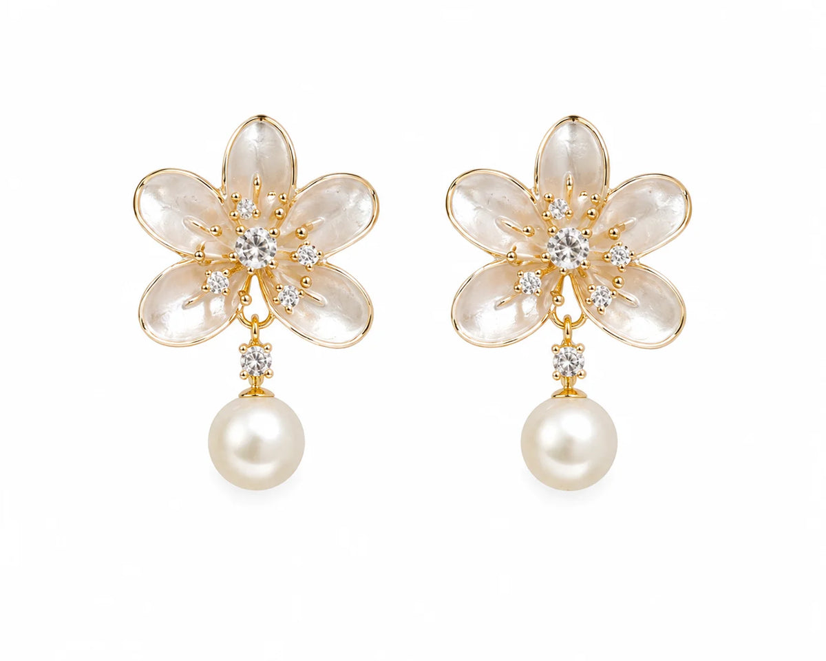 Elegant Floral Pearl Drop Earrings with Crystal Accents - LP Jewels