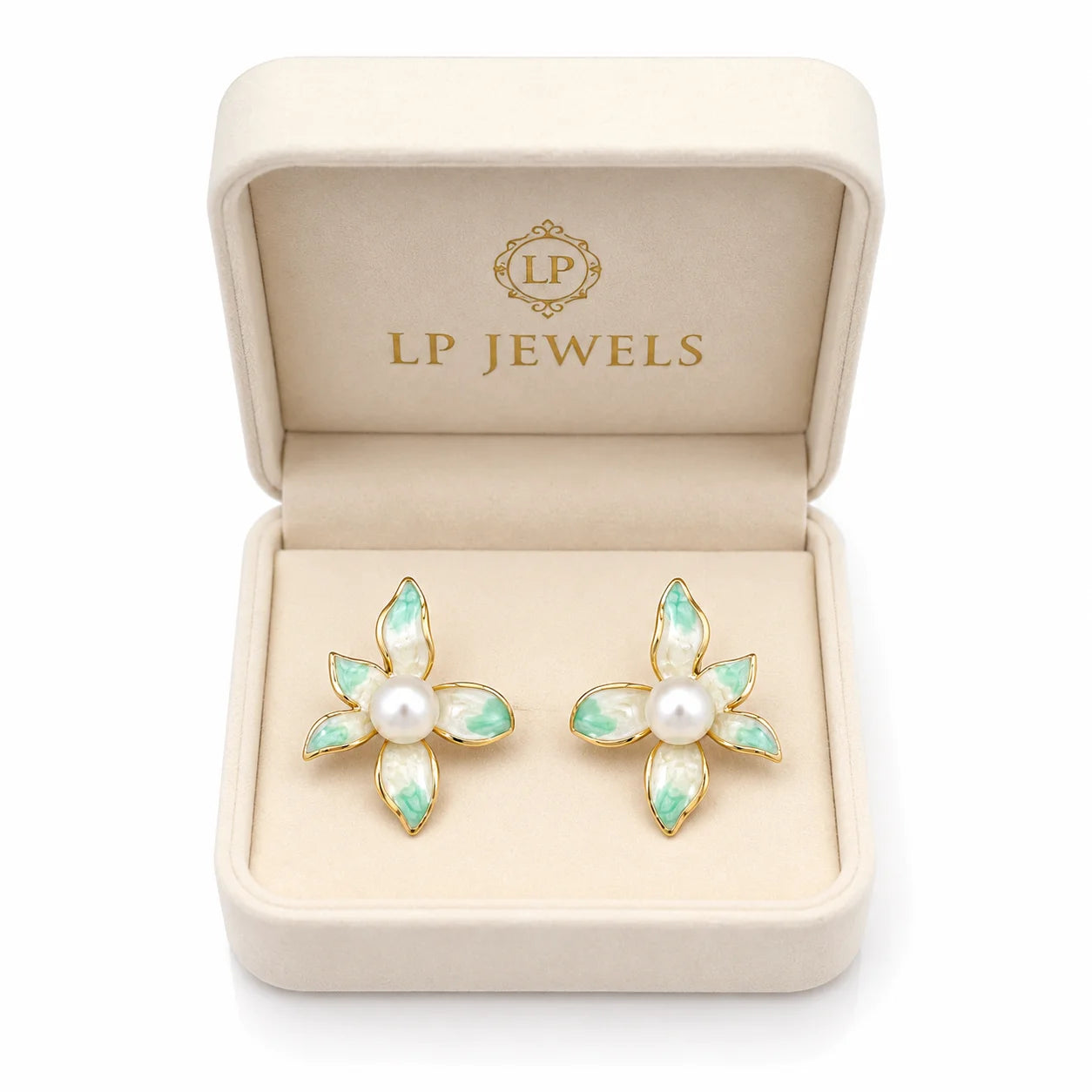 Mint Green & Pearl Flower Stud Earrings | Gold-Tone Floral Earrings | LP Jewels