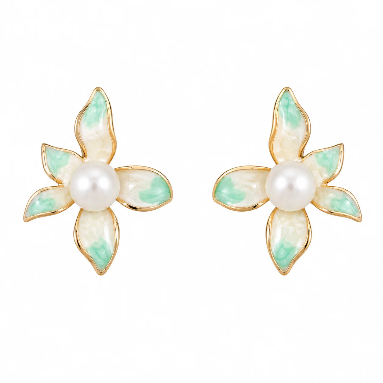 Mint Green & Pearl Flower Stud Earrings | Gold-Tone Floral Earrings | LP Jewels