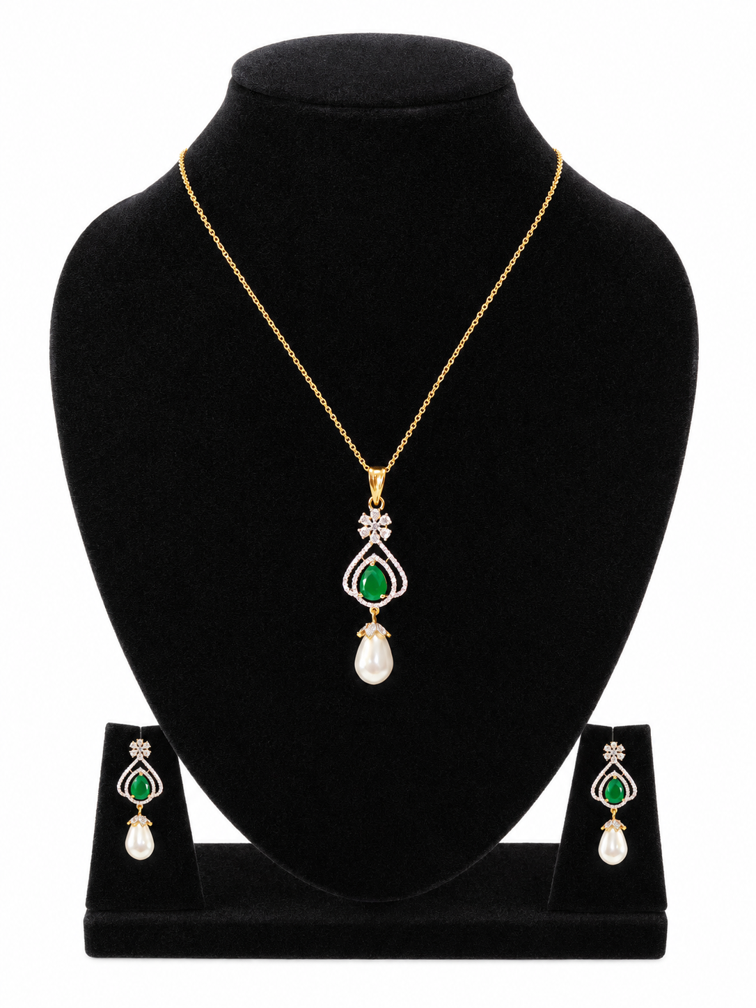 Green Emerald Necklace Set with Pearl Earrings - LP Jewels