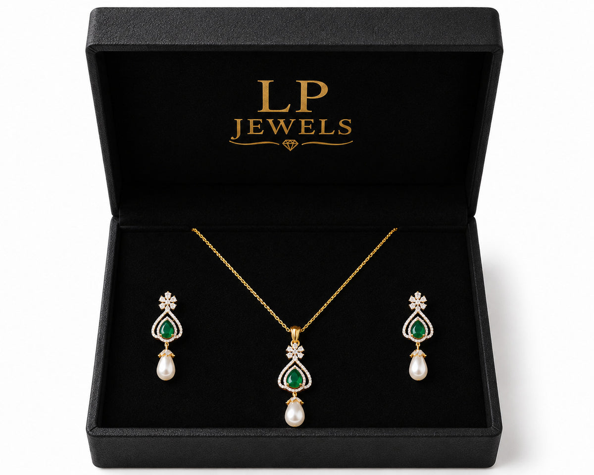 Green Emerald Necklace Set with Pearl Earrings - LP Jewels