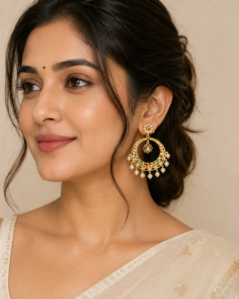 Multicolor Kundan Pearl Chandbali Earrings
