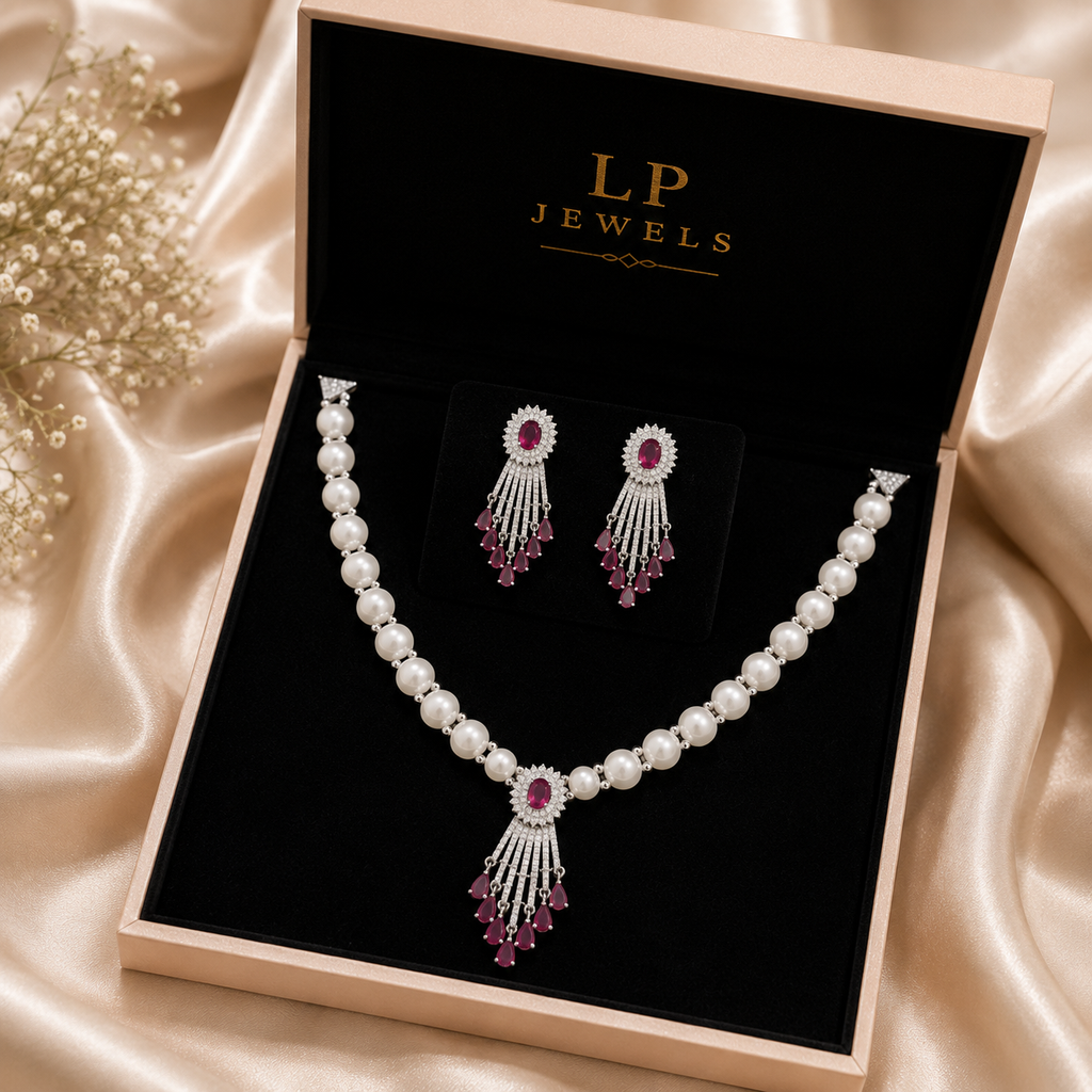 Natural Freshwater Pearl Necklace Set with Ruby CZ Pendant | LP JEWELS