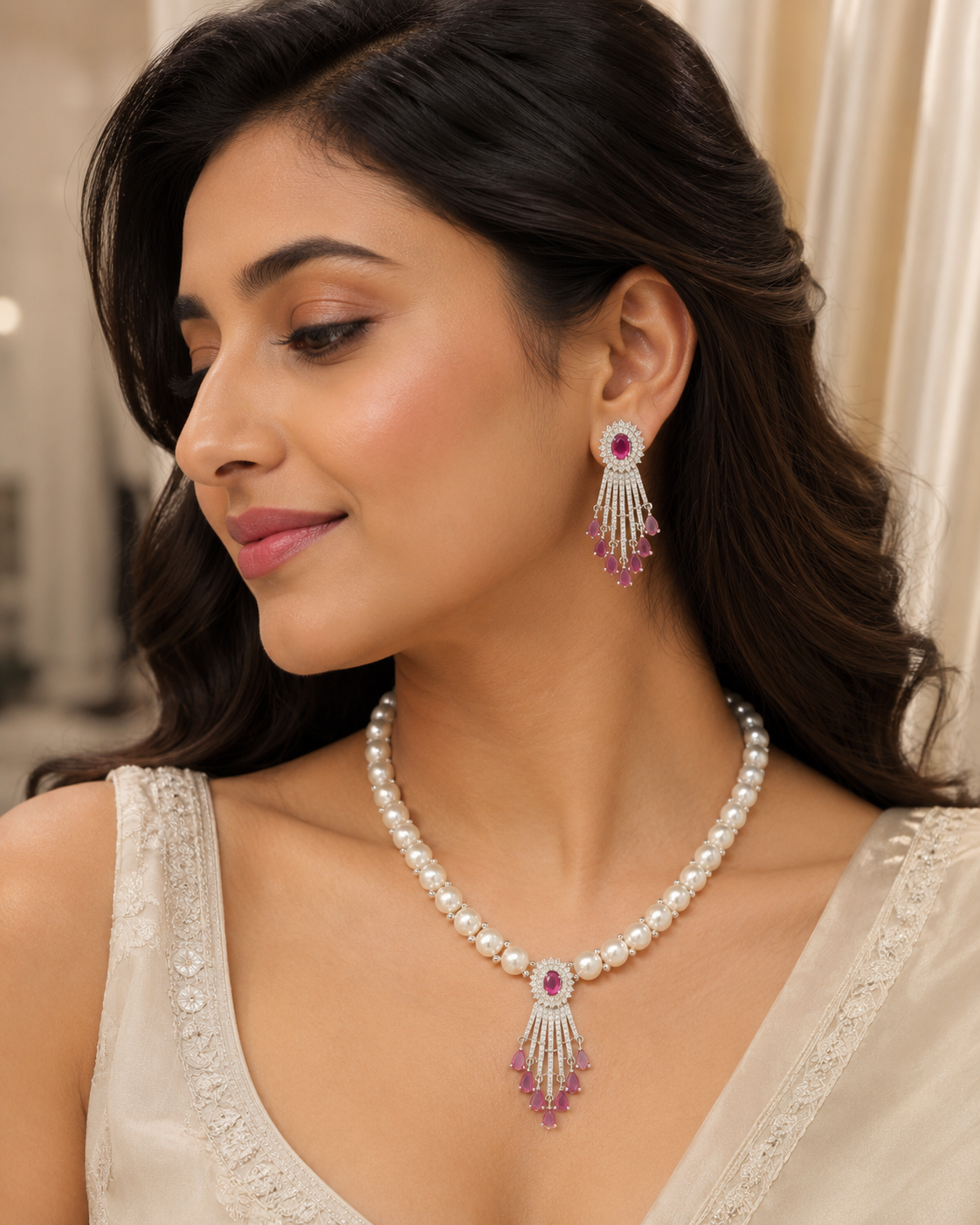 Natural Freshwater Pearl Necklace Set with Ruby CZ Pendant | LP JEWELS