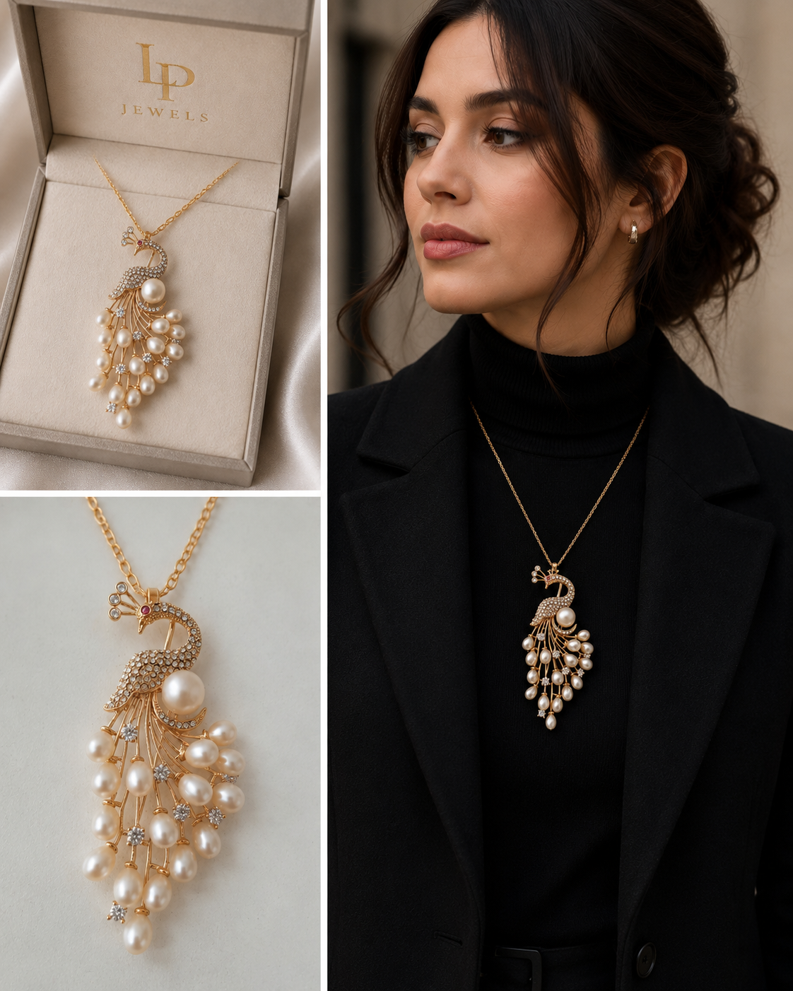 2-in-1 Peacock Pearl Pendant & Brooch | Rose Gold Jewelry | LP Jewels