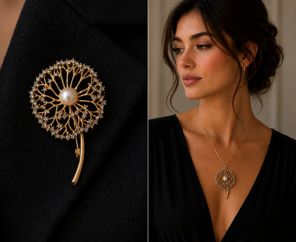 LP Jewels 2-in-1 Floral Pearl Brooch Pendant | Gold-Tone Crystal Flower Brooch Necklace