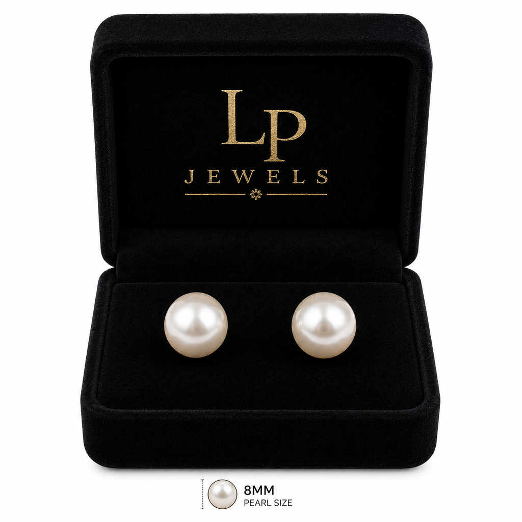 LP JEWELS 8mm South Sea Pearl Stud Earrings for Women | Classic Luxury Pearl Earrings