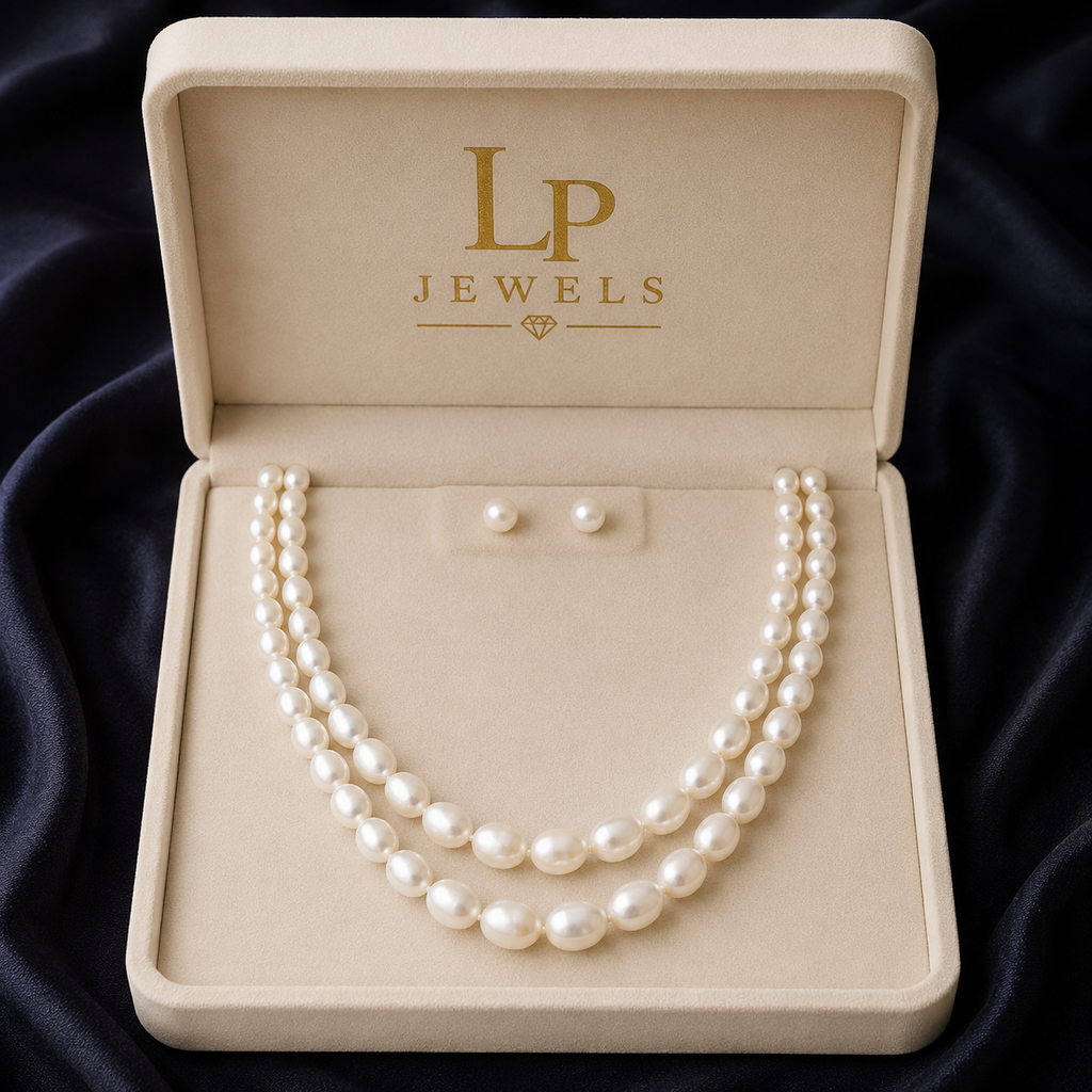 Luxury Double Layer Oval Pearl Necklace Set for Women | Elegant Pearl Jewelry with Earrings | LP Jewels
