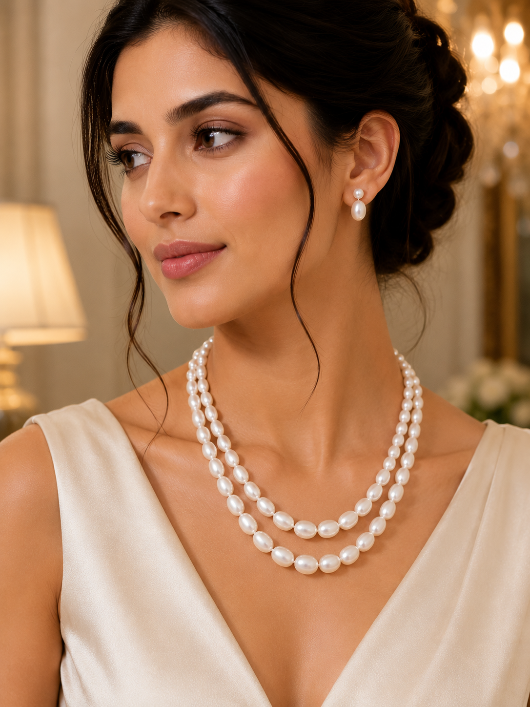 Luxury Double Layer Oval Pearl Necklace Set for Women | Elegant Pearl Jewelry with Earrings | LP Jewels