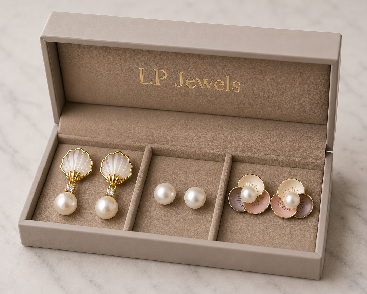 Pearl Elegance Earring Combo – Shell Drop, Studs & Floral | 3 Pair Gift Box