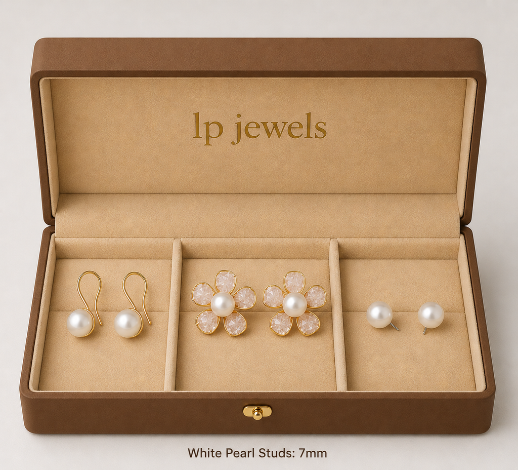 LP Jewels Pearl Earring Trio Gift Set | Floral, Drop & 7mm Pearl Studs