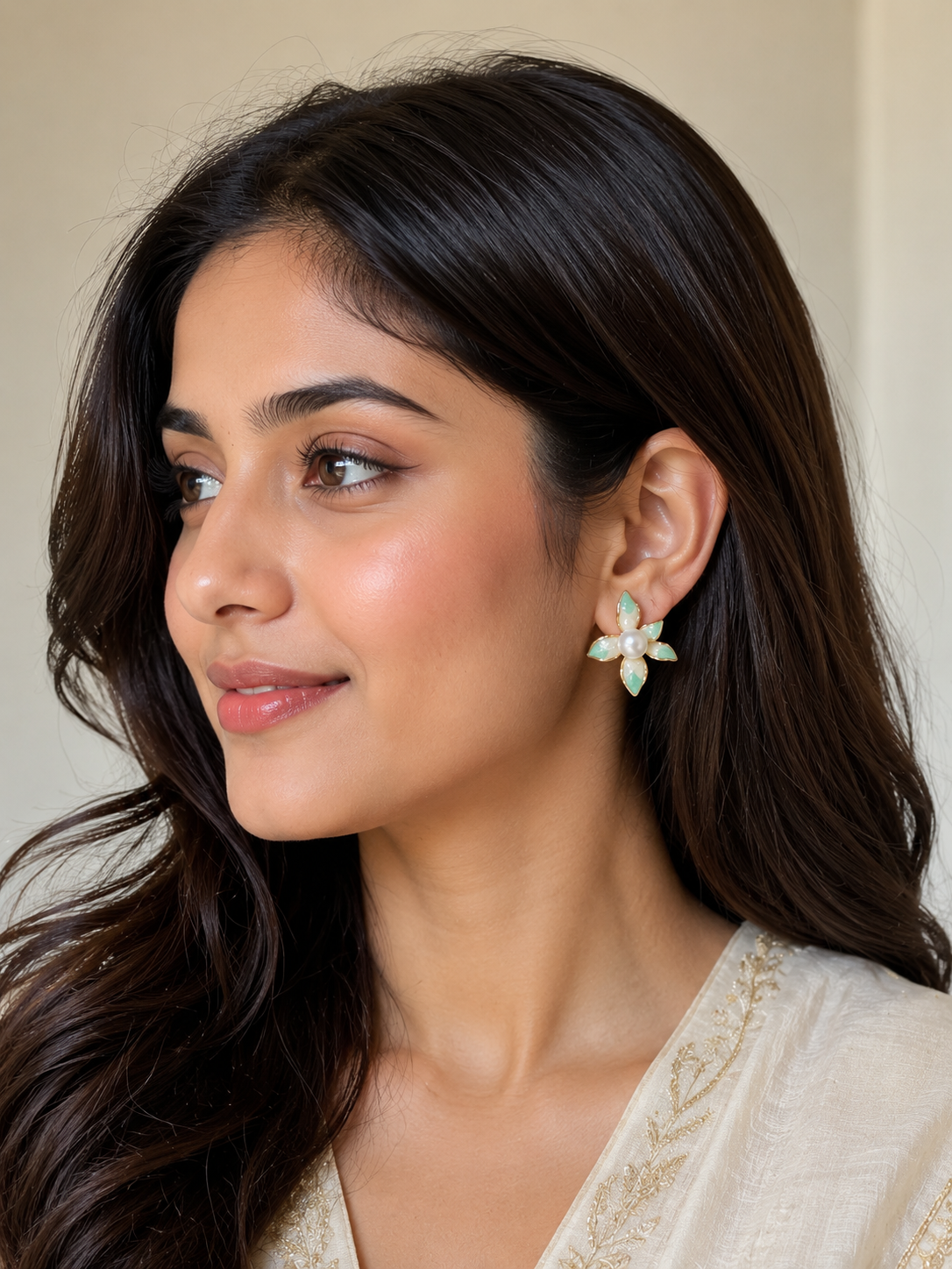 Mint Green & Pearl Flower Stud Earrings | Gold-Tone Floral Earrings | LP Jewels