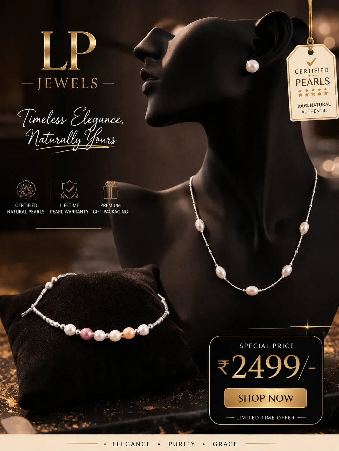 LP Jewels Certified Natural Pearl Jewelry Set – Elegant Pearl Necklace, Stud Earrings & Multicolor Bracelet - LP Jewels
