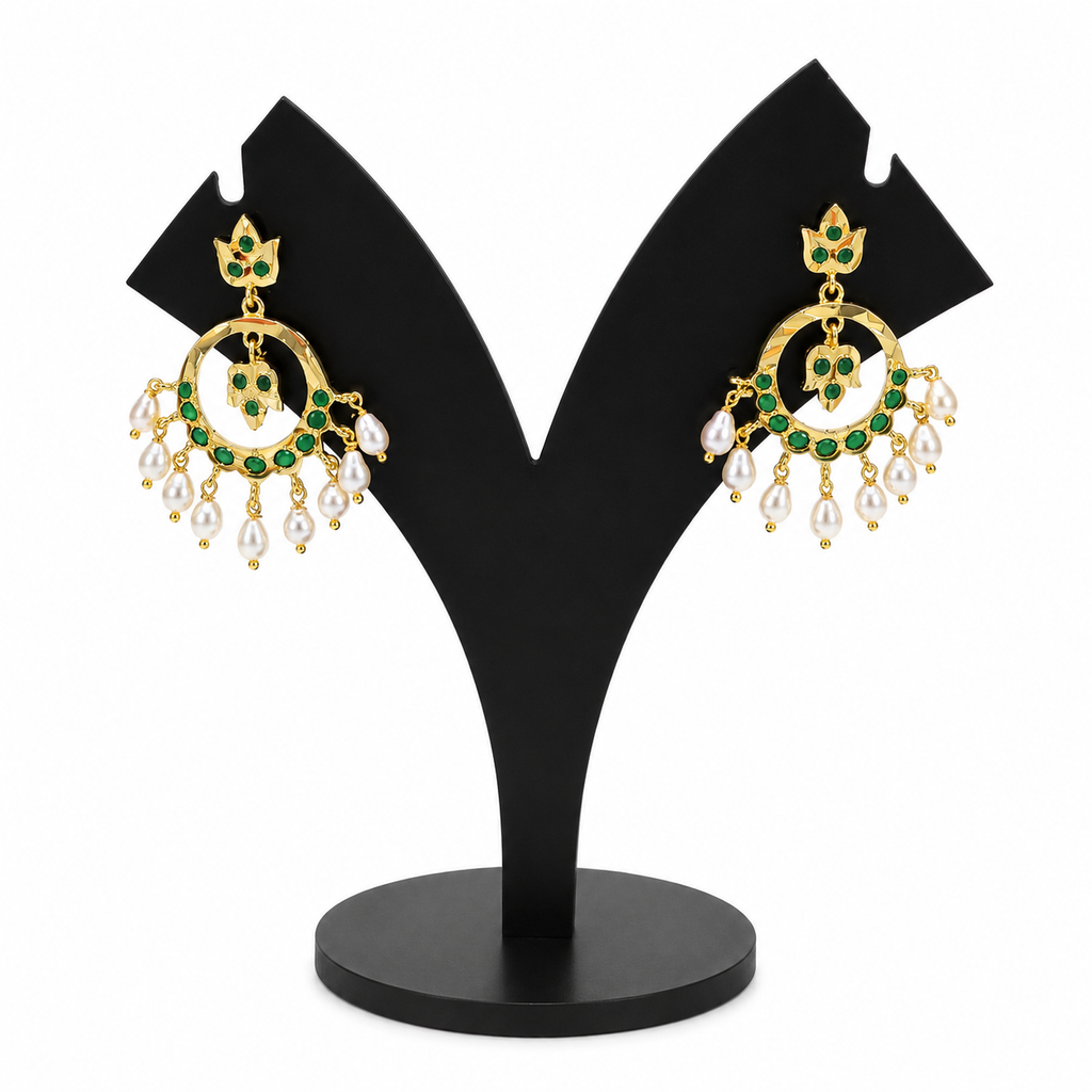 Green Kundan Pearl Chandbali Earrings