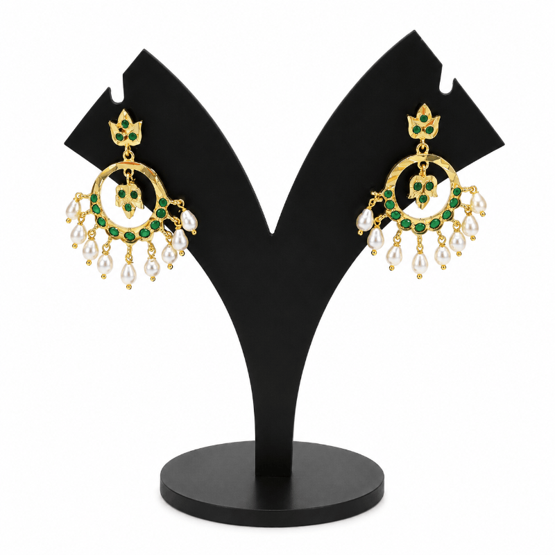 Green Kundan Pearl Chandbali Earrings