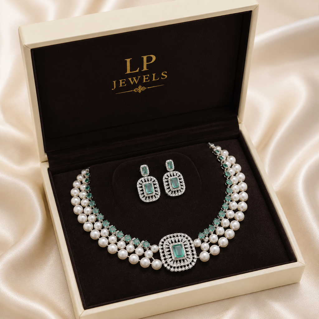 Dual Layer Freshwater Pearl Necklace Set with Green CZ | LP JEWELS