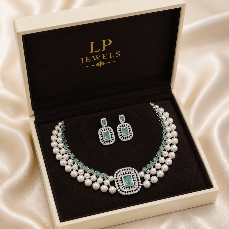 Dual Layer Freshwater Pearl Necklace Set with Green CZ | LP JEWELS