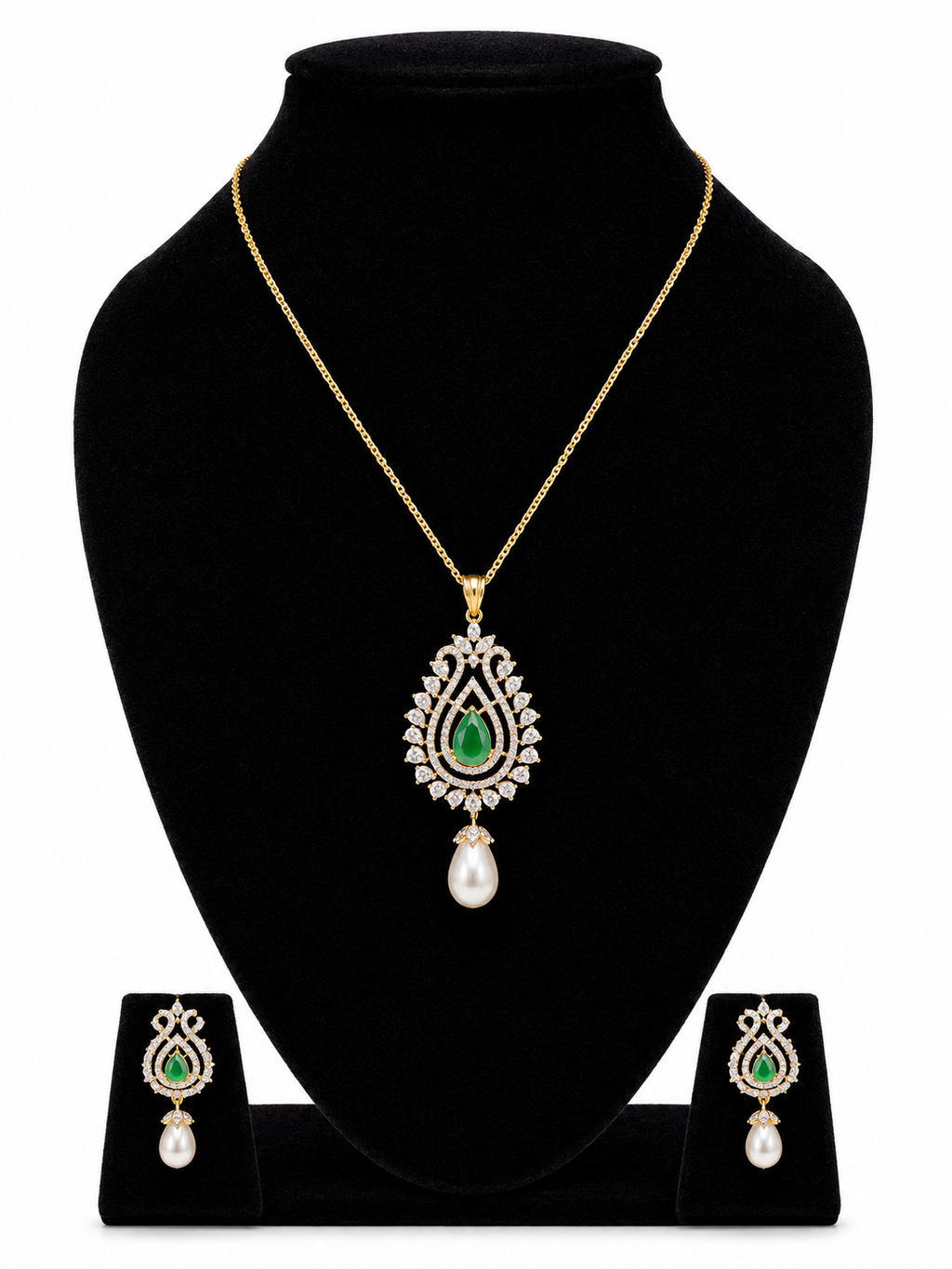 Green Stone & Pearl Pendant Set Combo | B1G1 Free