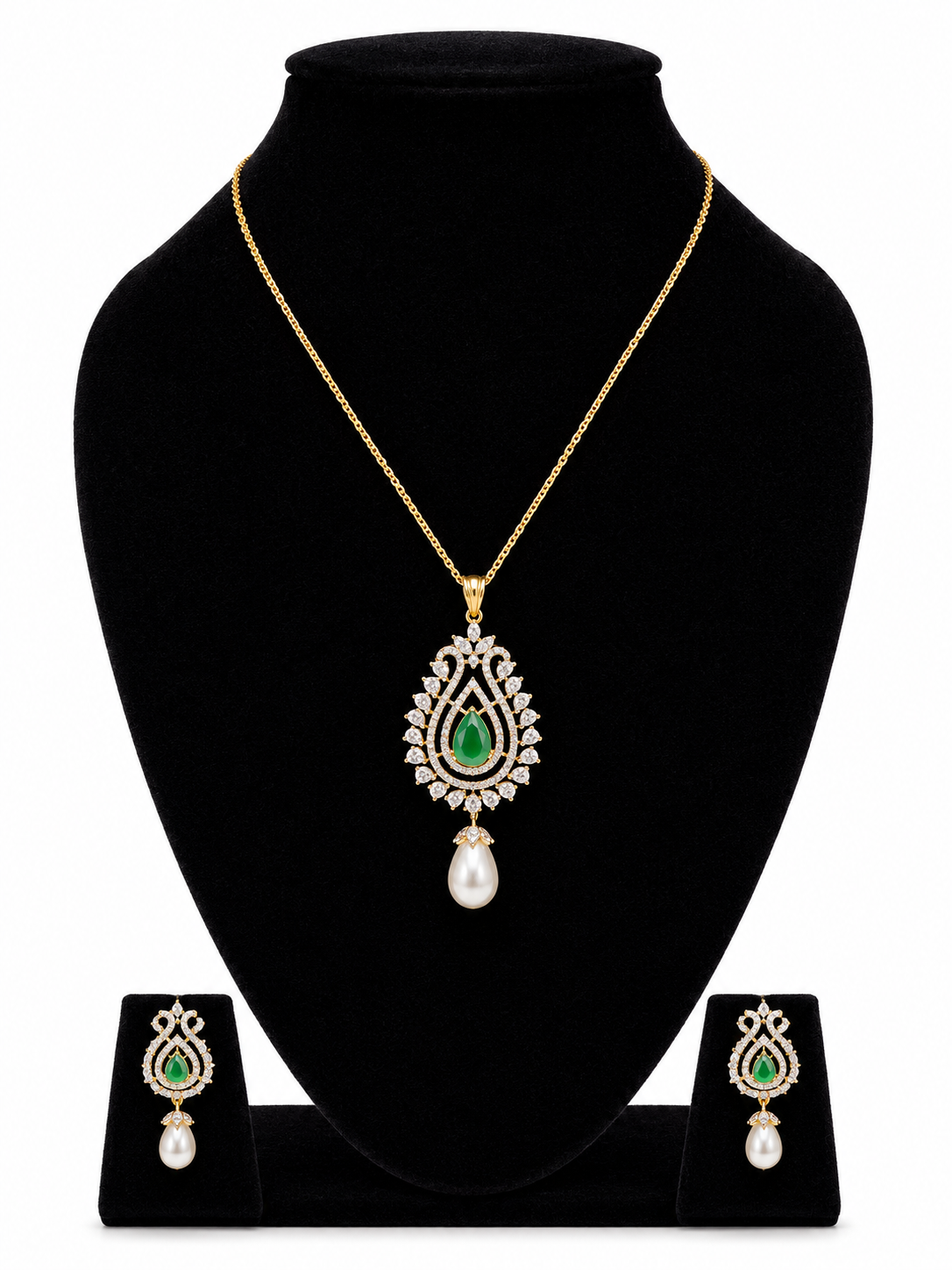 Green Stone & Pearl Pendant Set Combo | B1G1 Free