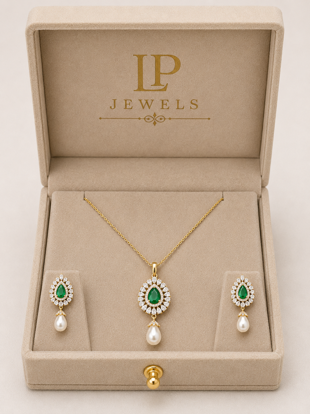 Pearl Oval & Emerald Drop Pendant Set with Earrings – B1G1 Free - LP Jewels