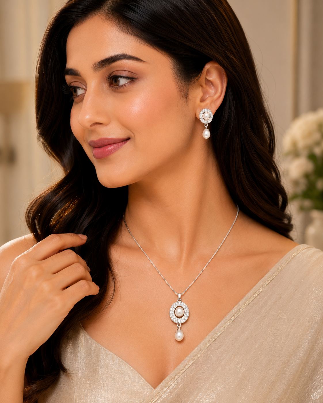 Pearl Oval & Emerald Drop Pendant Set with Earrings – B1G1 Free - LP Jewels