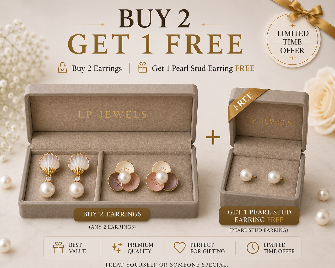 Pearl Elegance Earring Combo – Shell Drop, Studs & Floral | 3 Pair Gift Box