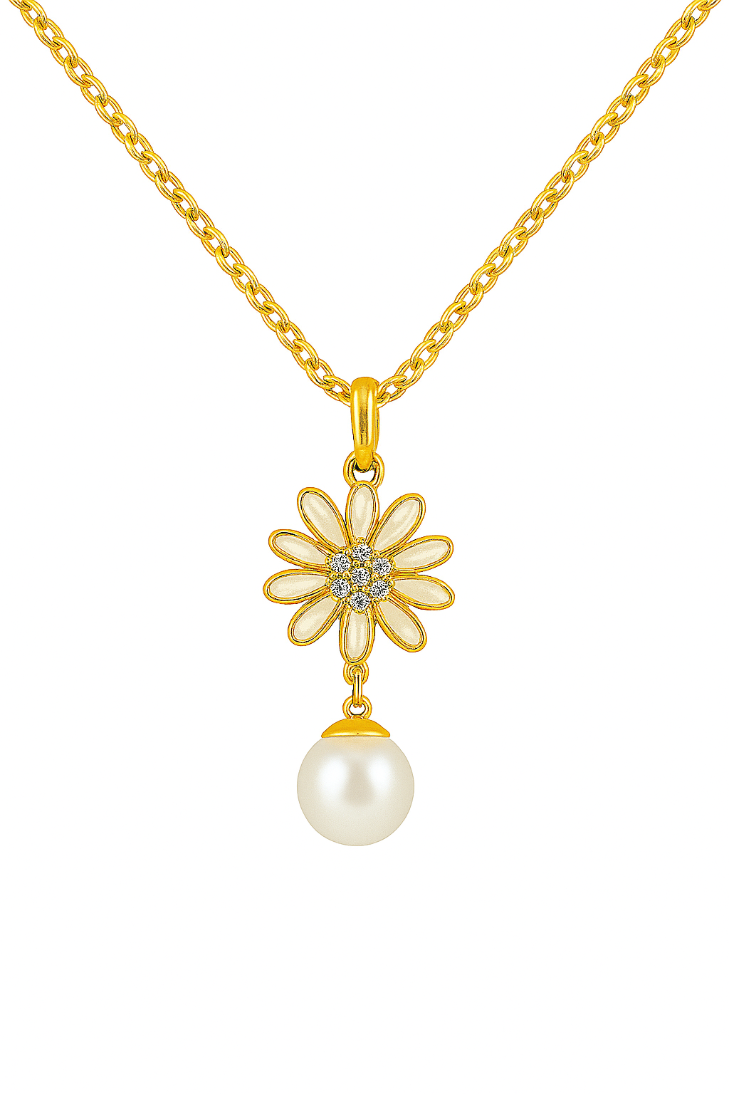 LP Jewels Daisy Flower Pendant Necklace with Pearl Drop for Women