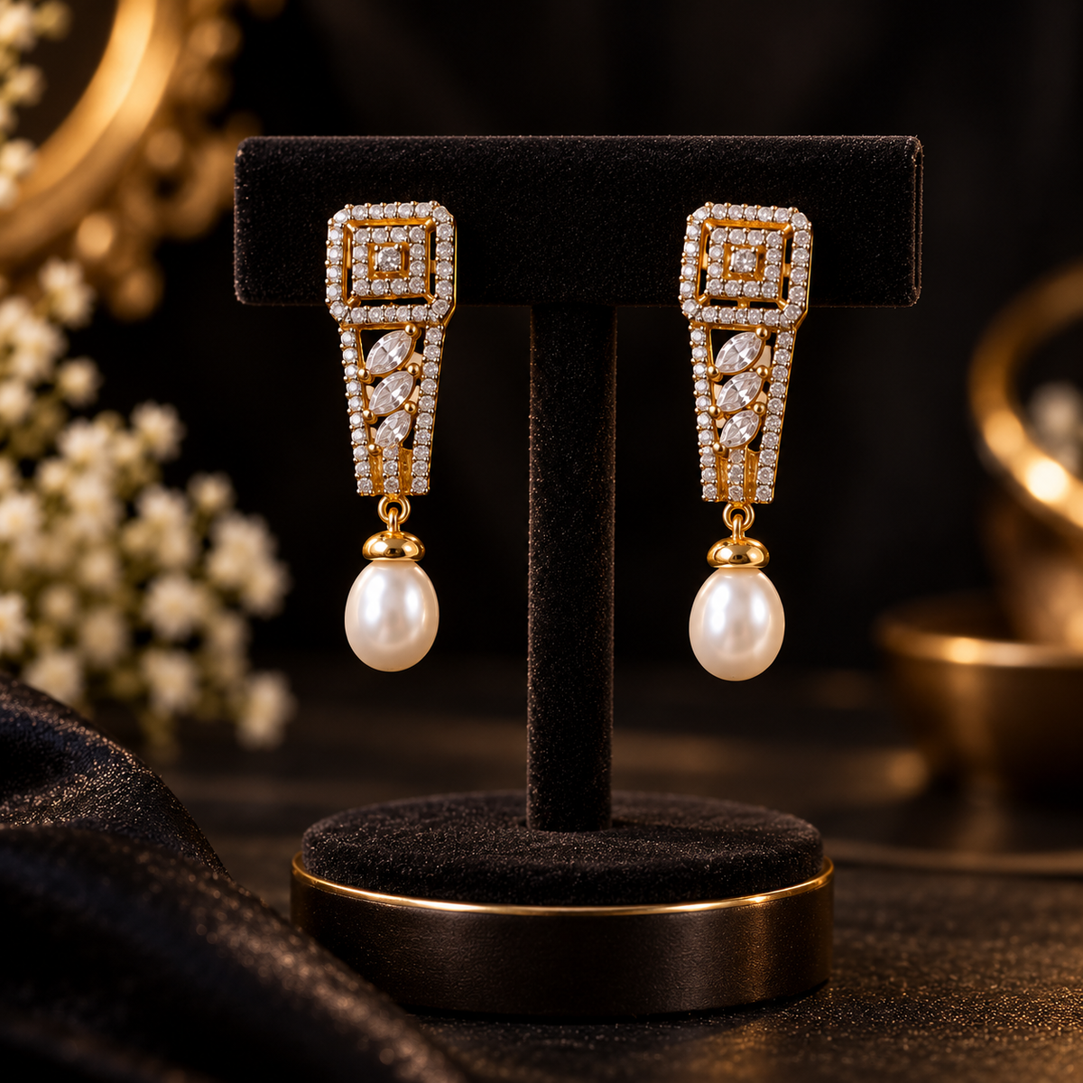 Art Deco CZ Pearl Drop Earrings – Gold-Tone | LP Jewels