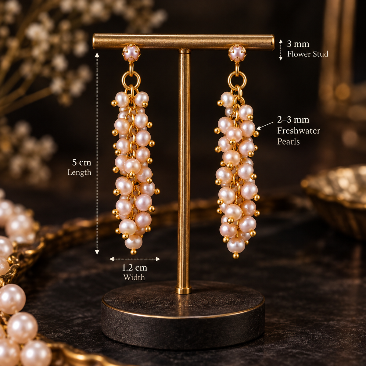 Peach Pearl Cluster Drop Earrings | Gold Plated Freshwater Pearl Tassel Dangle