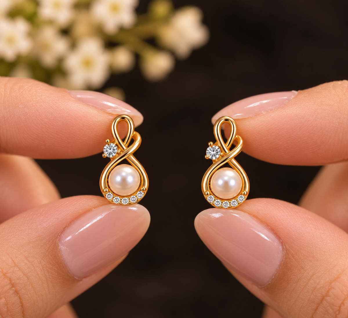 Pearl Stud Earrings | Gold Plated Infinity Twist with CZ and Freshwater Pearl