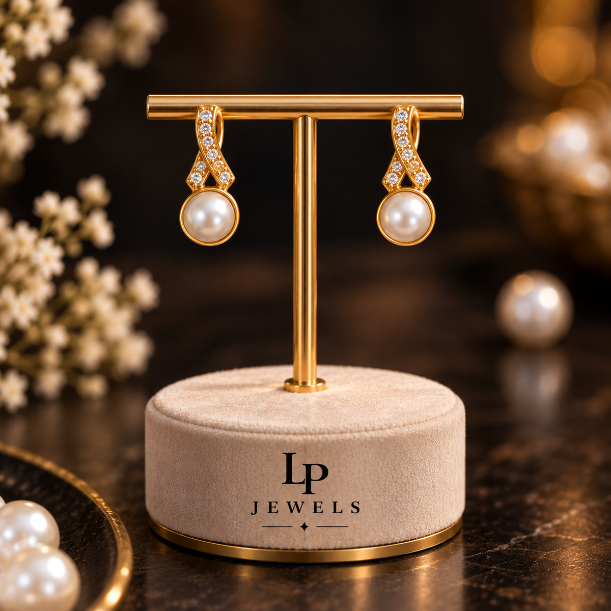 Pearl Drop Earrings | Gold Plated CZ Ribbon Twist with Bezel-Set Pearl