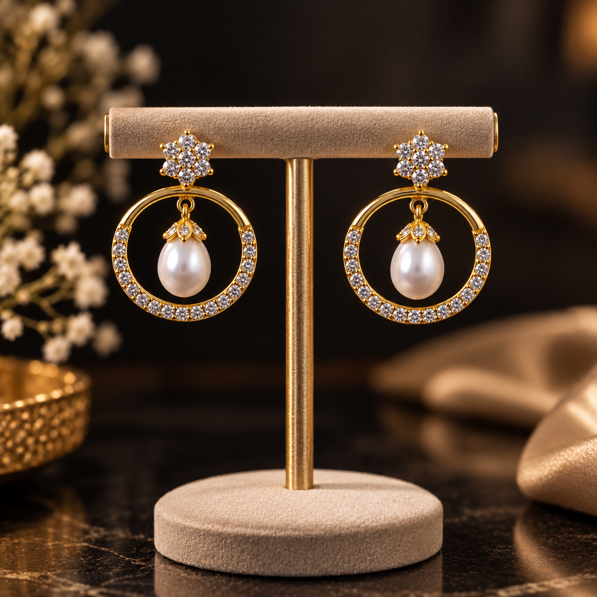 CZ Circle Pearl Drop Earrings – Gold-Tone | LP Jewels