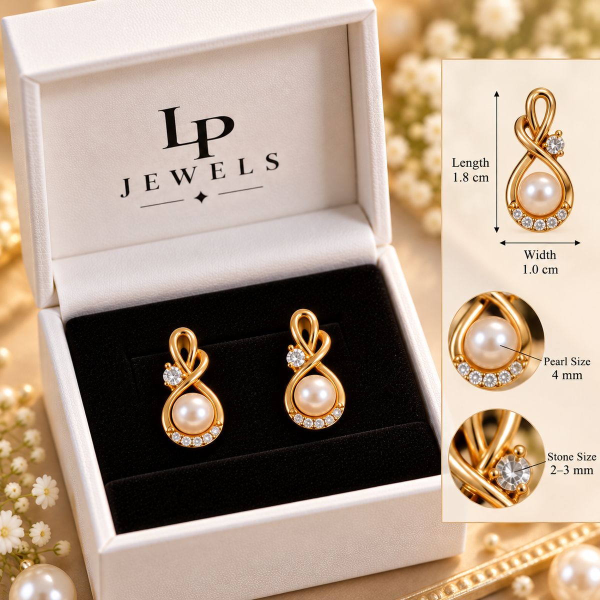 Pearl Stud Earrings | Gold Plated Infinity Twist with CZ and Freshwater Pearl