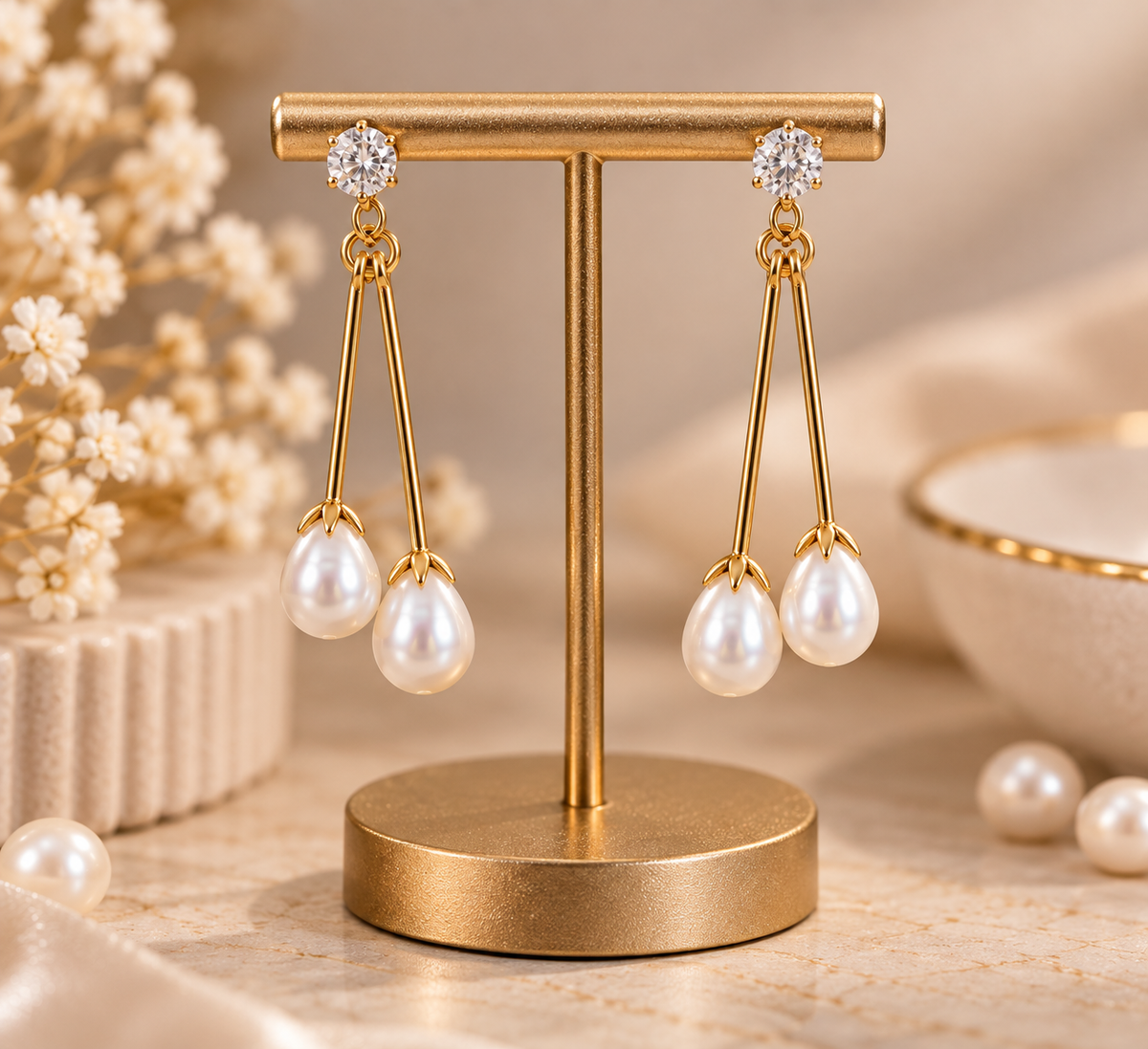 Pearl Drop Earrings | Gold Plated Twin Teardrop Pearl Dangle with CZ Stud