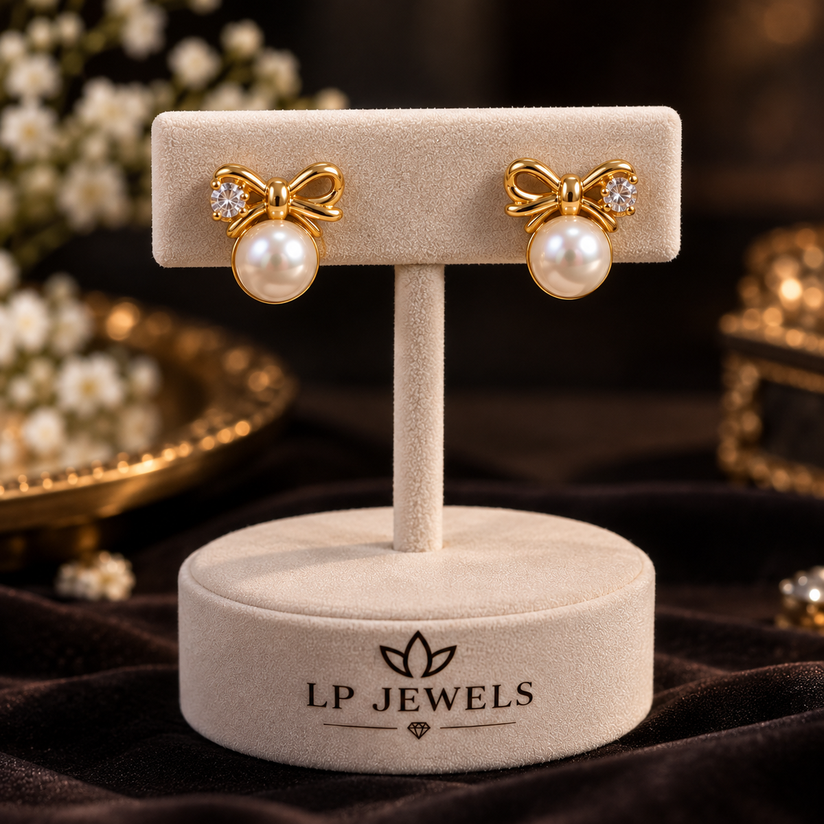 Pearl Bow Stud Earrings | Gold Plated Ribbon Bow with Freshwater Pearl and CZ