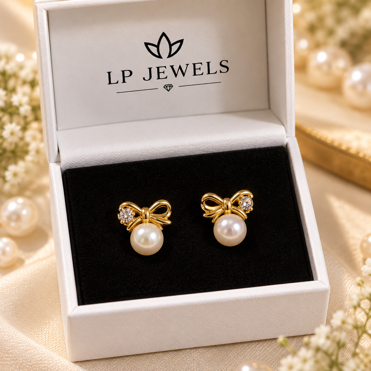 Pearl Bow Stud Earrings | Gold Plated Ribbon Bow with Freshwater Pearl and CZ