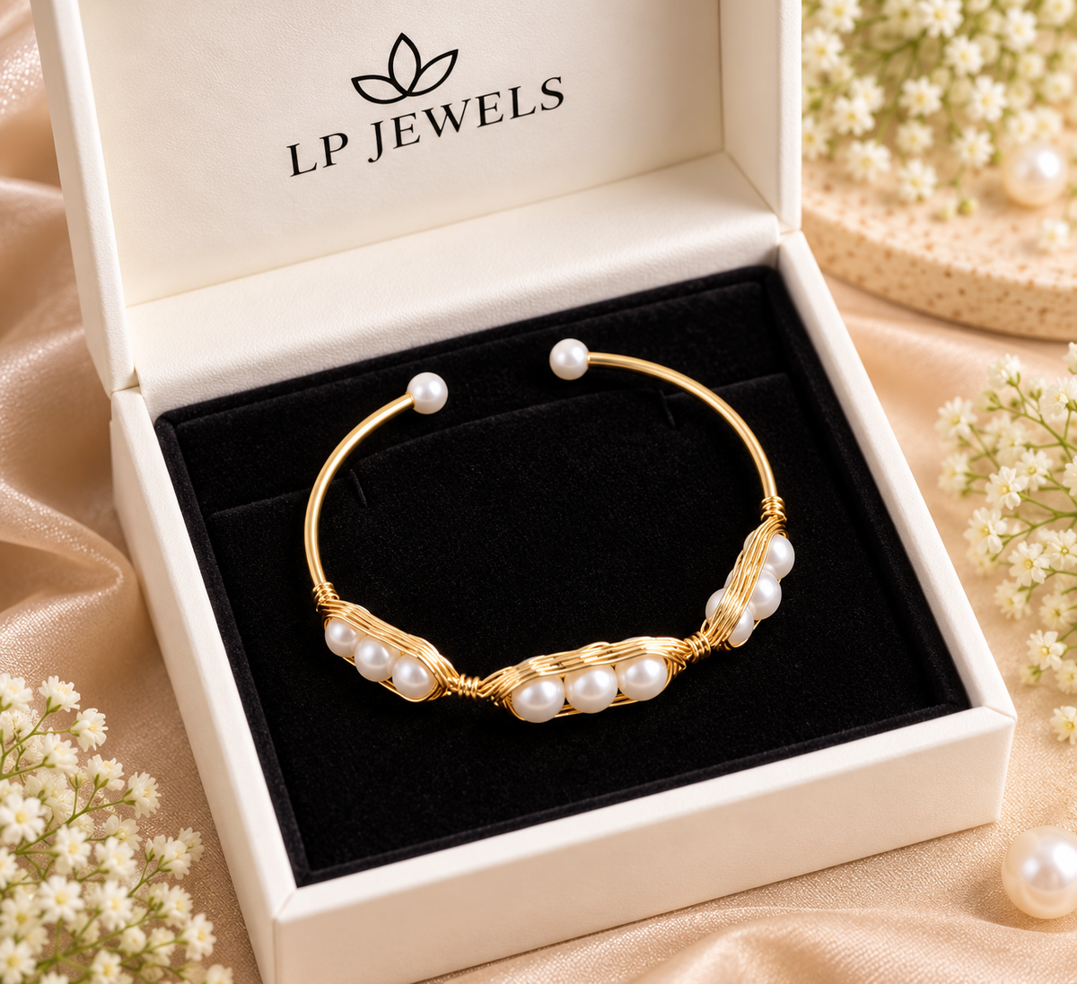 Gold-Tone Pearl Cuff Bracelet for Women | Elegant Pearl Wirework Bangle – LP JEWELS