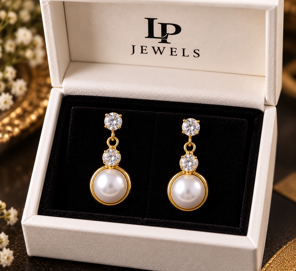 CZ & Pearl Drop Earrings – Gold-Tone Dangle | LP Jewels